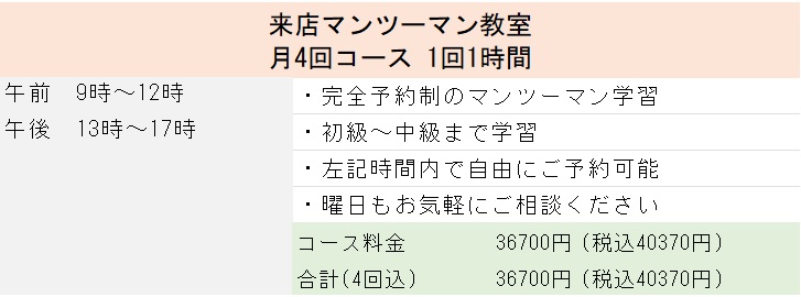 パソコン来店マンツーマン教室 コース